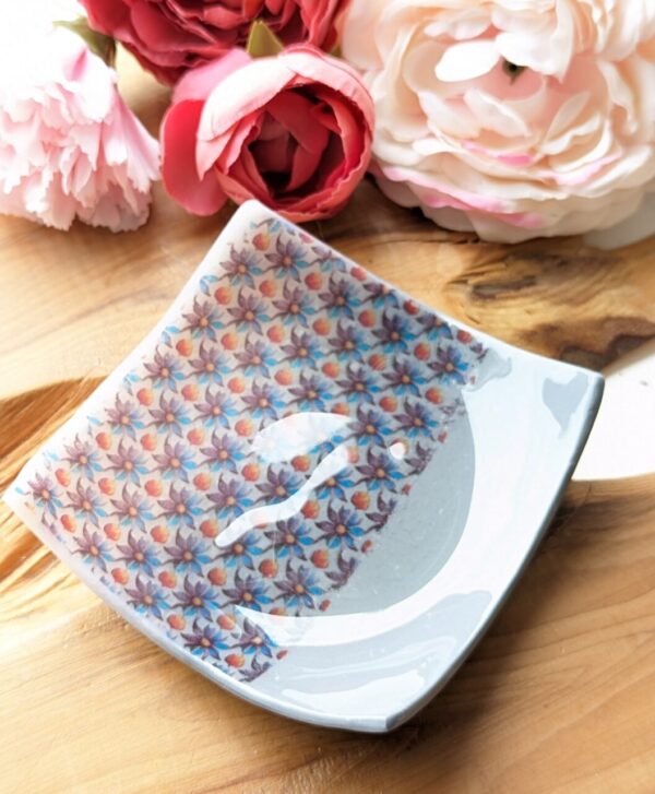 Floral Dish - Translucent and grey clay half and half dish with floral pattern on two thirds of the dish giving it an asymmetrical patterned design. High gloss coating