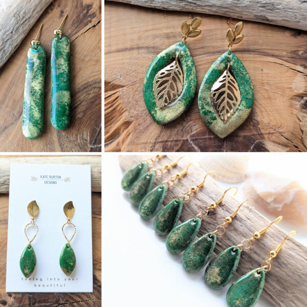 Summer green collection - dangly earrings using green and gold alcohol ink. Stunning, summery statement earrings