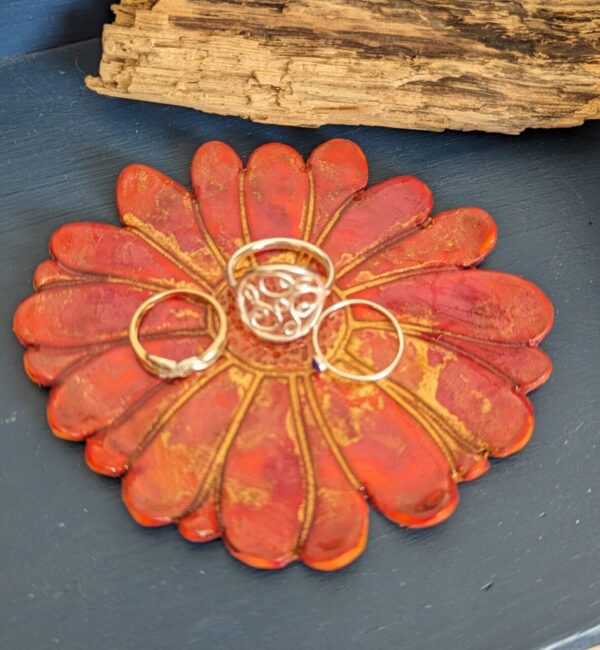 Red Sunflower trinket dish - beautiful shimmering reds and golds sunflower dish. Perfect seasonal gift