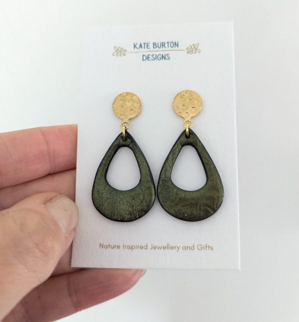 Autumn Teardrops - deep green metalic teardrop earrings- Autumnal colours