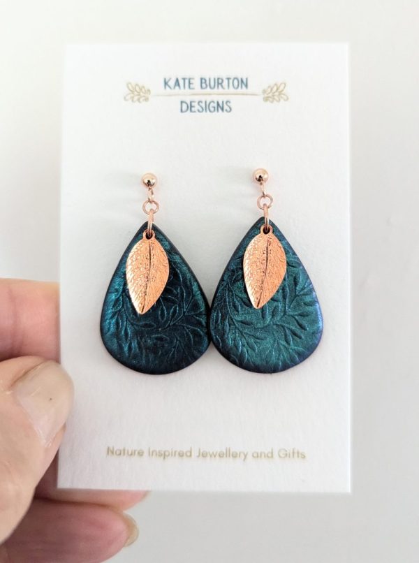 Leaf Teardrop Earrings - beautiful textured teardrop and rose gold leaf detail