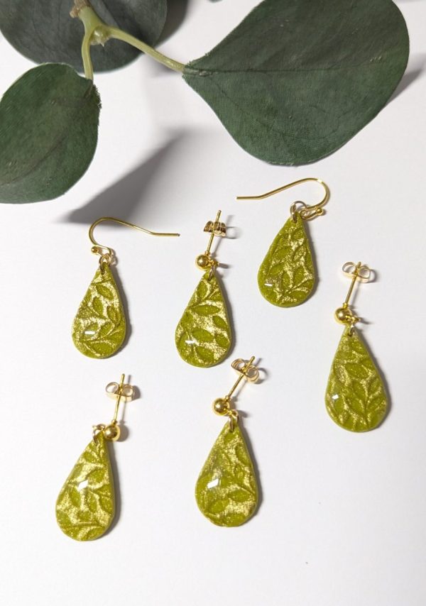 Lime Green Leaves collection - gorgeous lime green and gold earrings with embossed leaf pattern